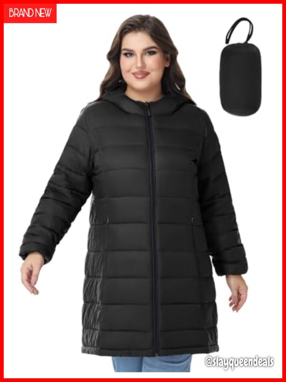 Plus Size Packable Puffer Jacket, Lightweight Hooded Winter Coat with Zipper